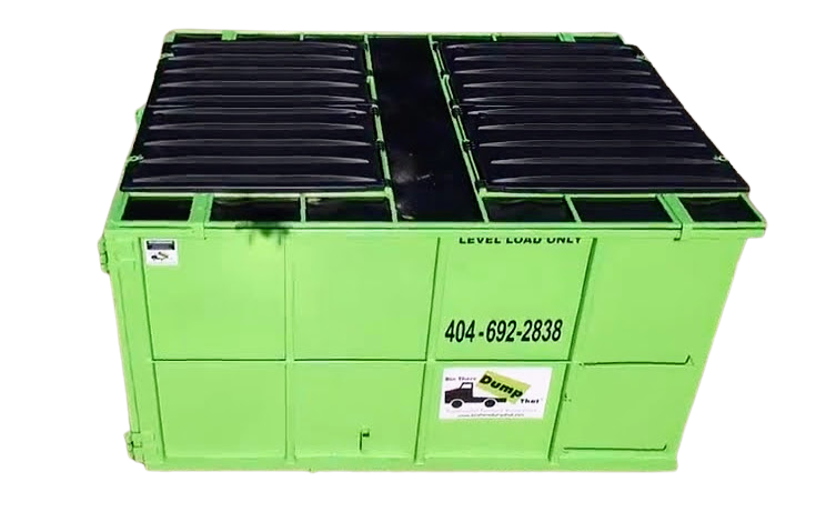 15 or 20 yard green roll off dumpster with locking lids closed over the top opening, available in Atlanta