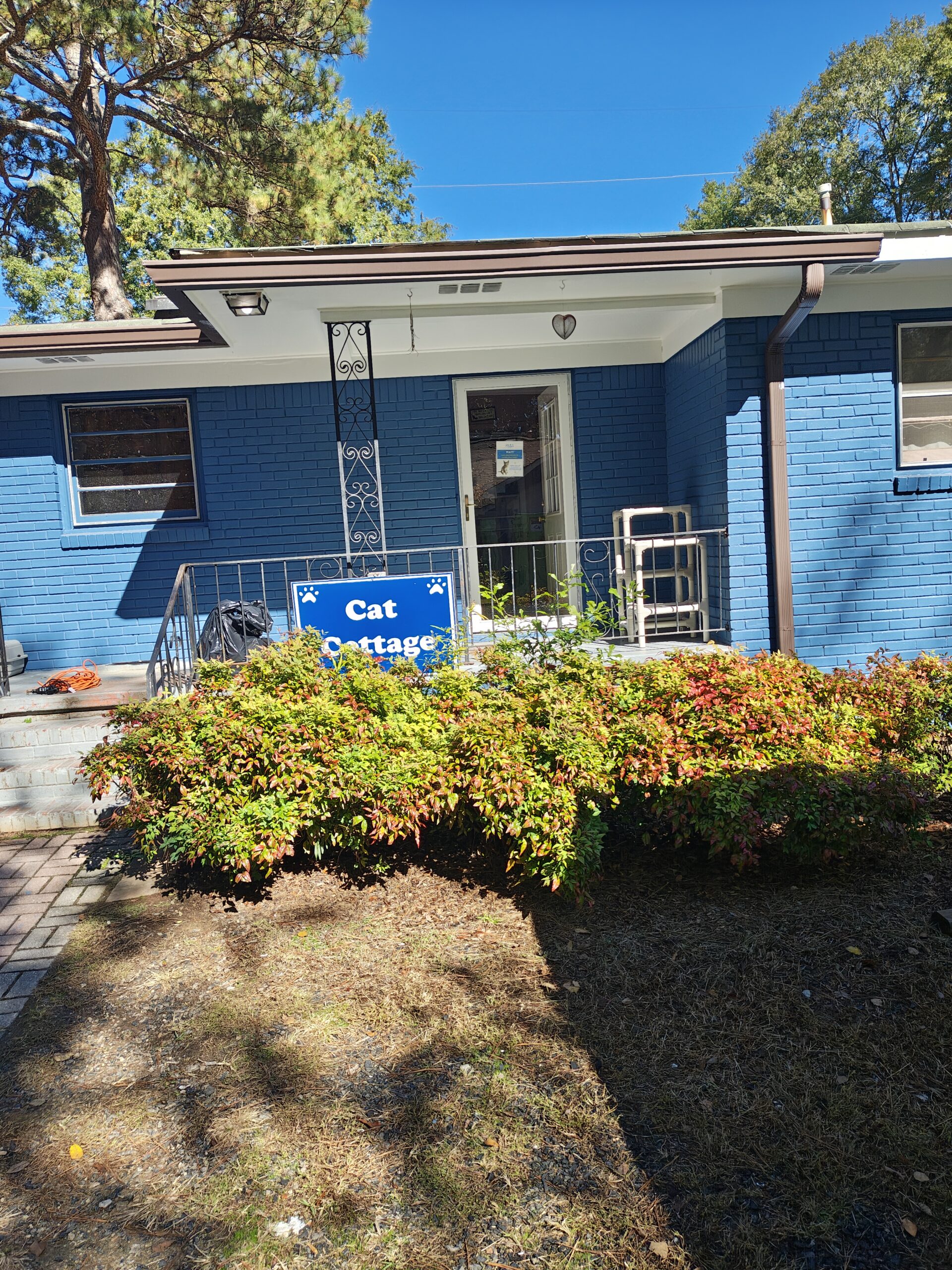 The blue PAWS Atlanta Cat Cottage building with ladders and materials out front during the renovation.