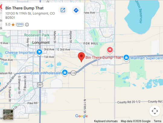 Dumpster rental service area map for Longmont, Colorado