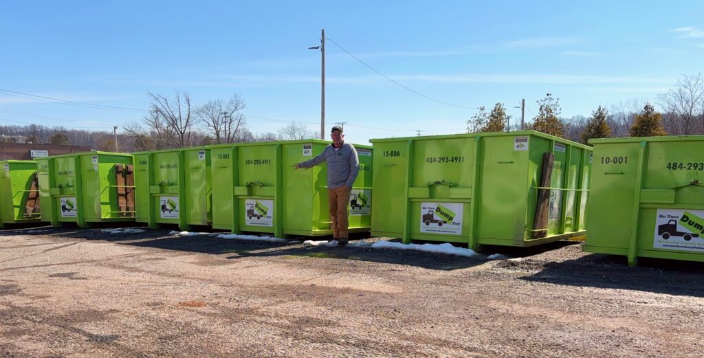 Steve, owner of Bin There Dump That Delaware Valley, standing in front of Residential Friendly Dumpsters in the Phoenixville area