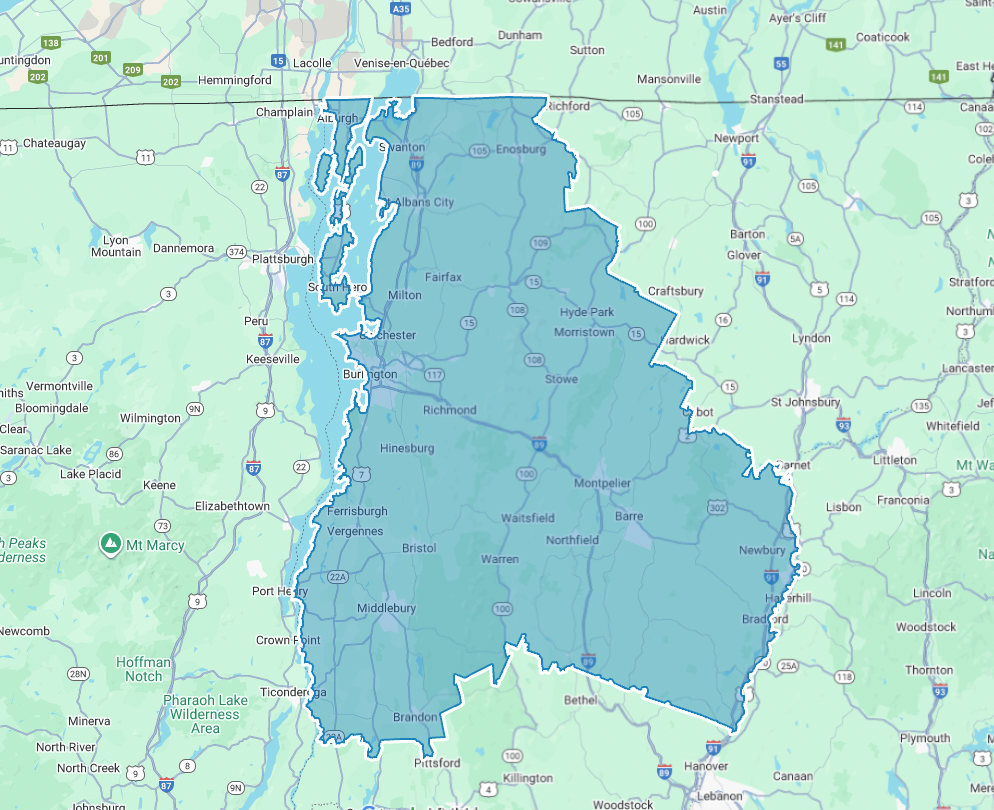 Dumpster Rental Service Area Map in Northern Vermont