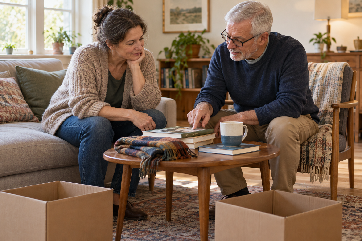 Two adults reviewing books and a few household items on a coffee table