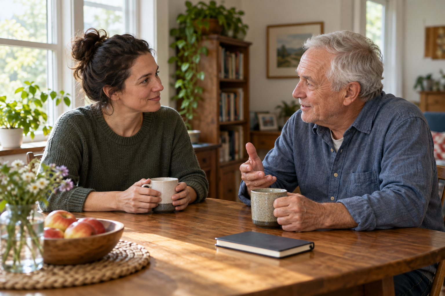 Two adults talking over mugs at a dining table