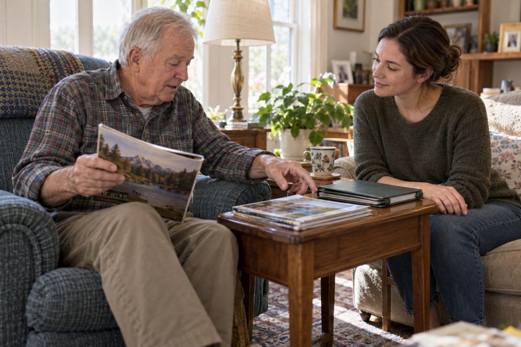 Owner reviewing a magazine beside a small table while a helper listens