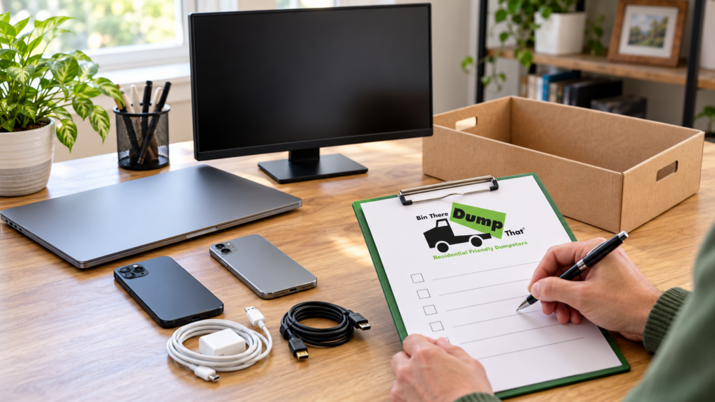Illustration of intact electronics, cables and an empty tray beside a Bin There Dump That planning checklist.
