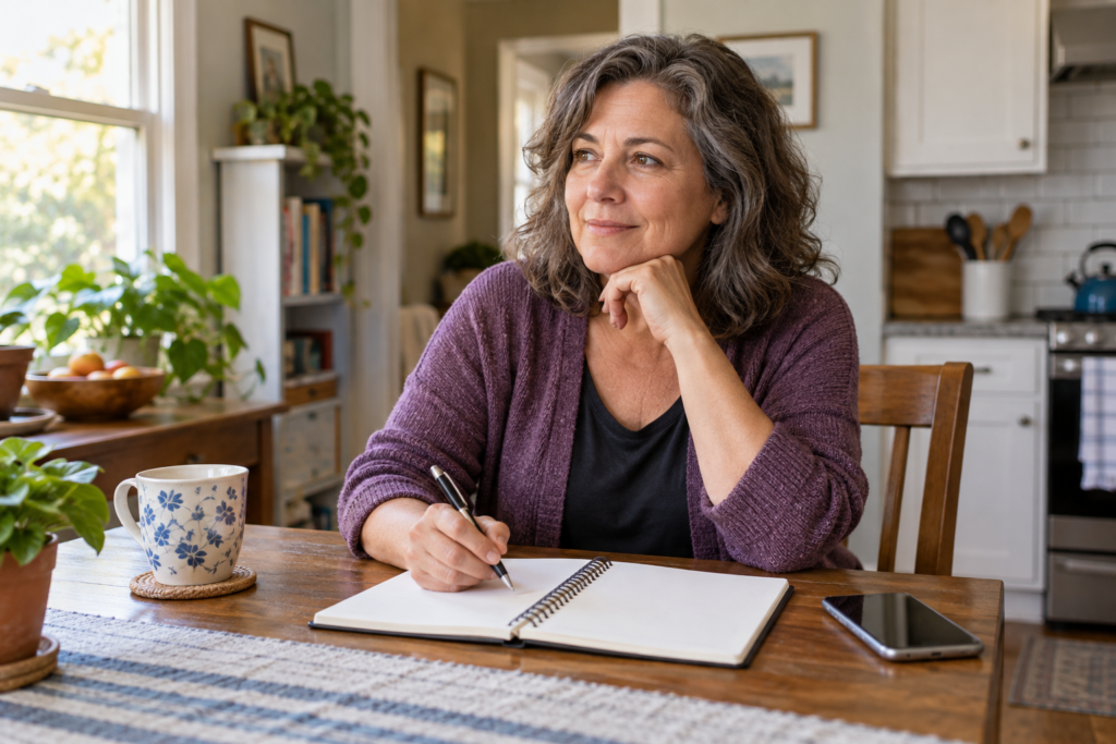 Woman preparing questions in a notebook beside her phone