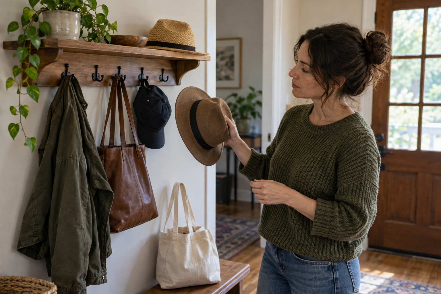 Homeowner considering a hat beside a small entryway shelf