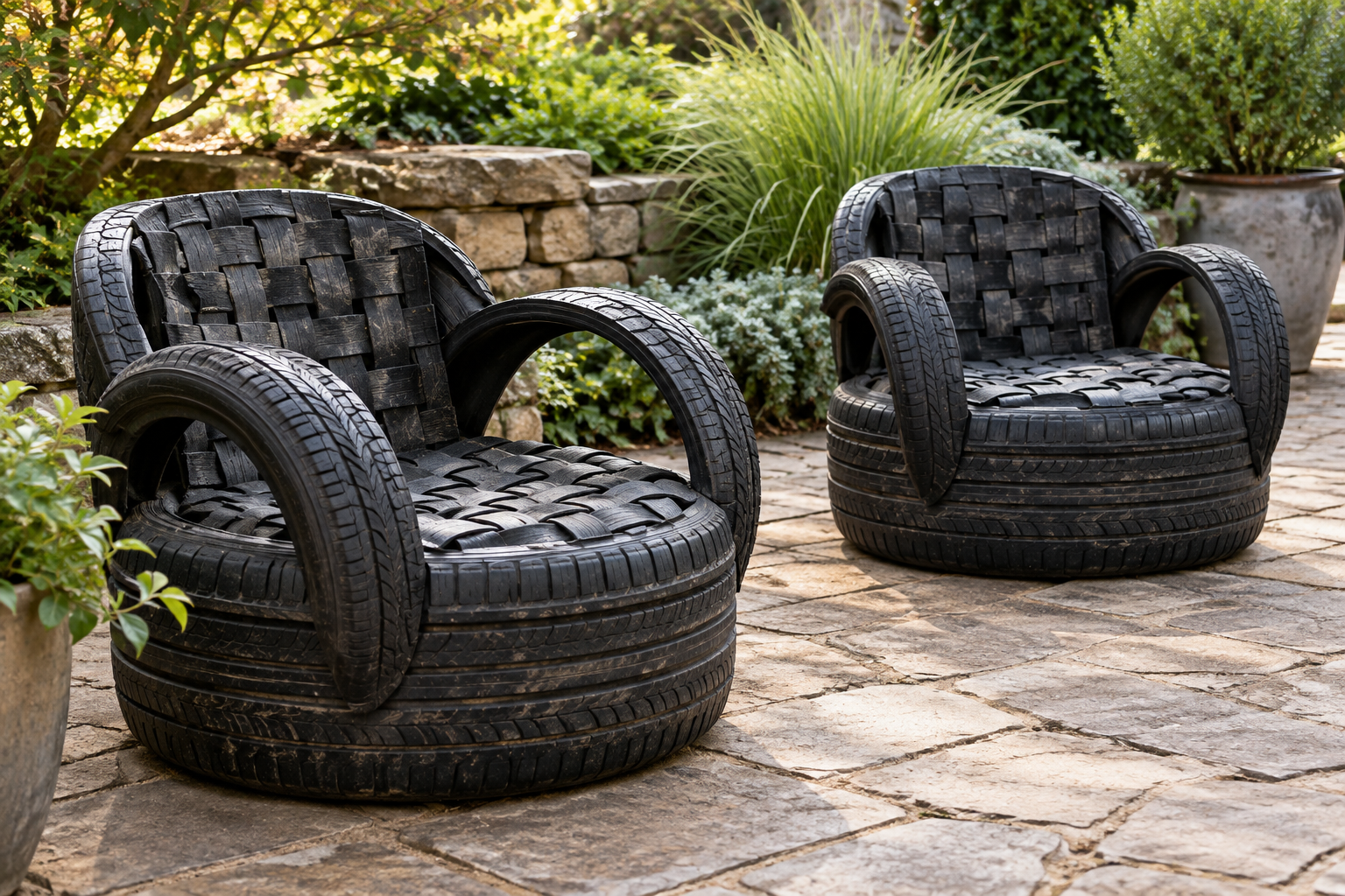 Two garden chairs made from used tires on a paved patio