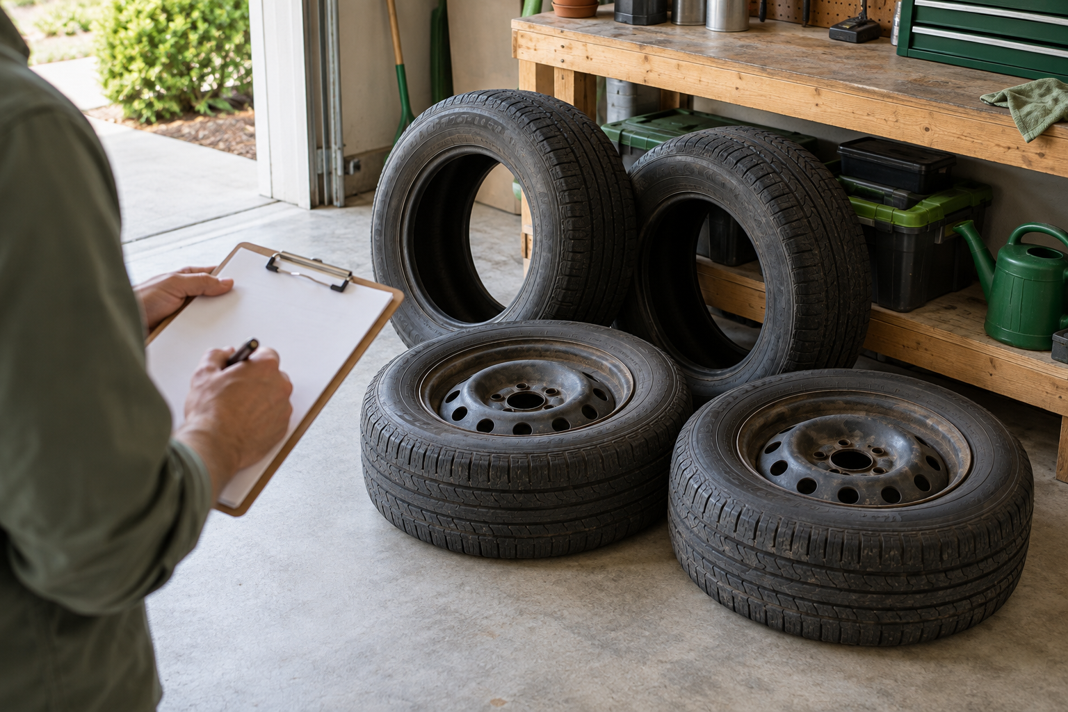 Homeowner checking four used tires, including two on rims, in a garage