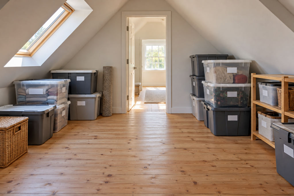 Closed storage bins in a finished attic area with a clear central route