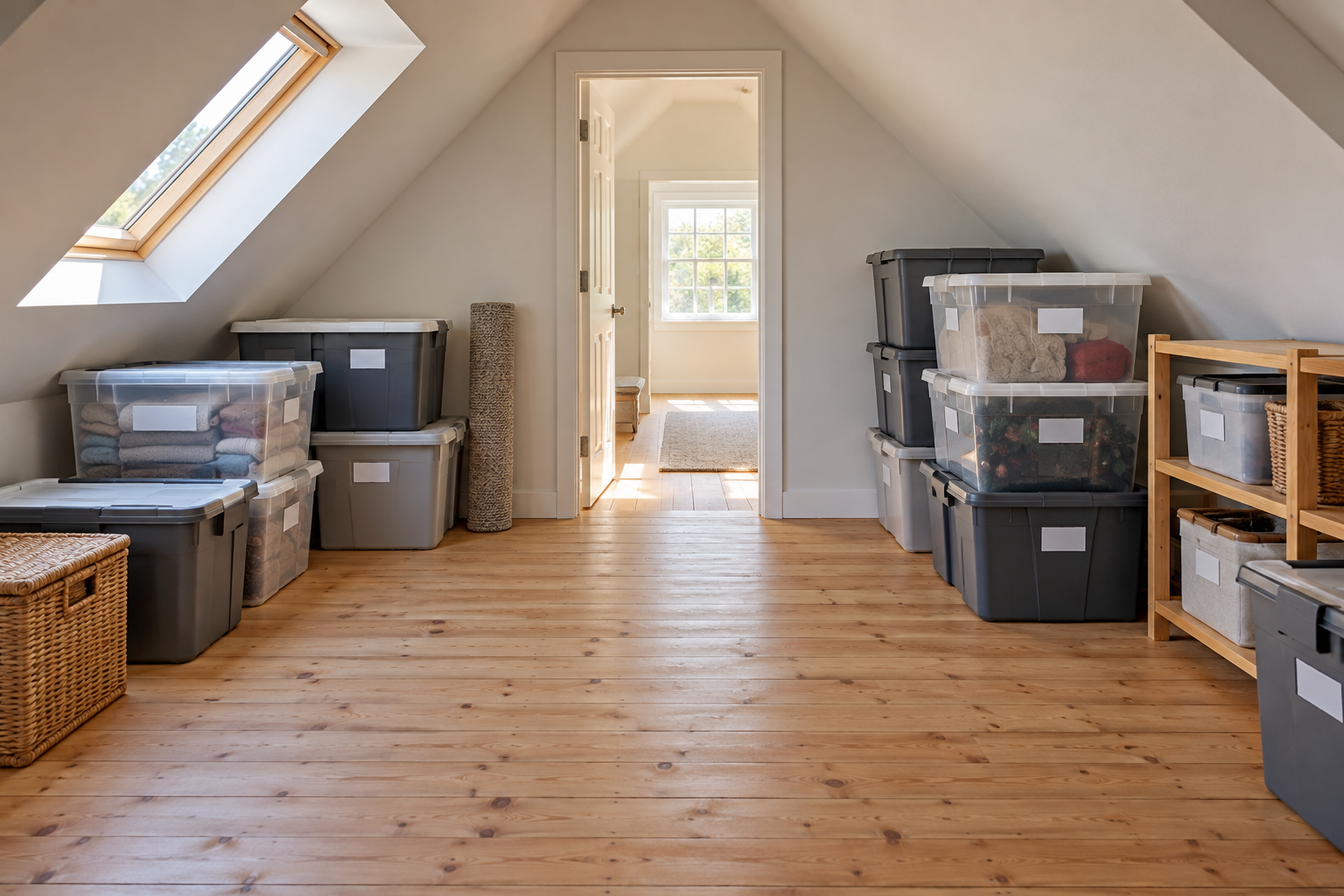 Closed storage bins in a finished attic area with a clear central route