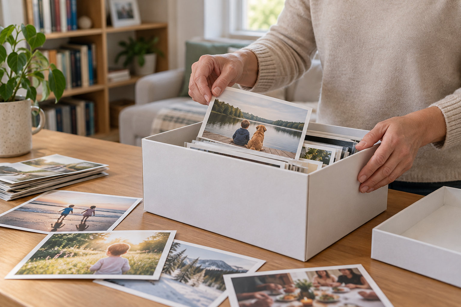 Family photographs being placed in a box in an indoor room
