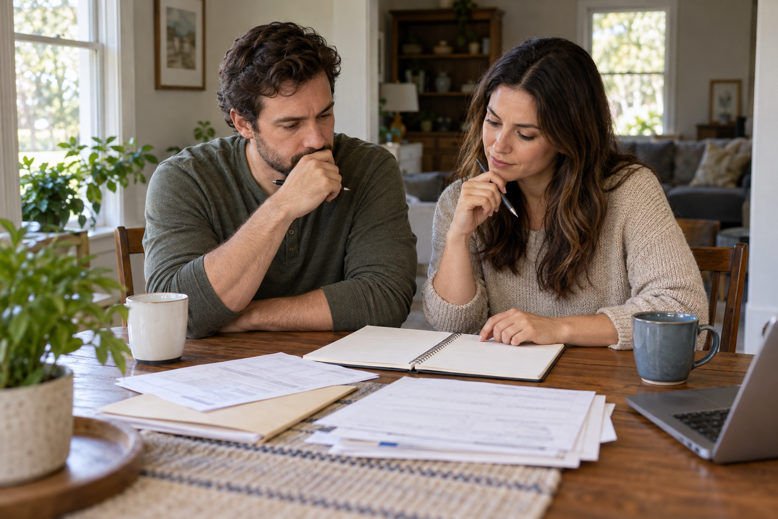 Two household members reviewing storage questions at a dining table