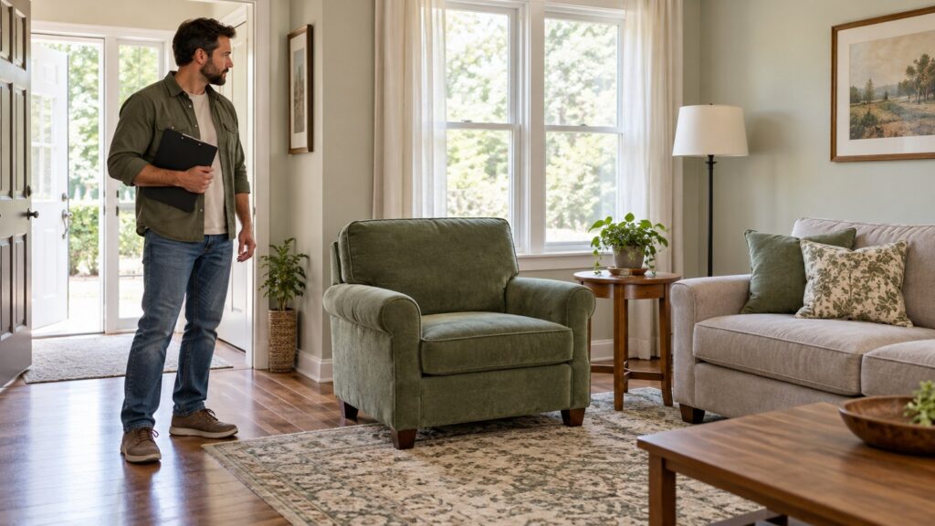 Homeowner reviewing a sofa and armchair before arranging bulky item removal