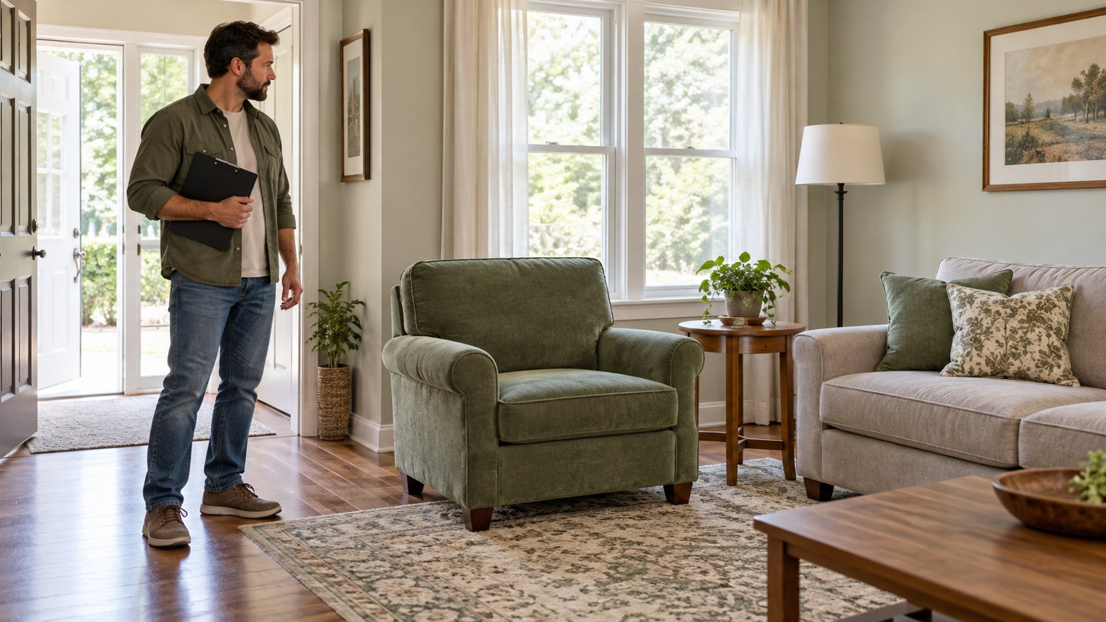Homeowner reviewing a sofa and armchair before arranging bulky item removal