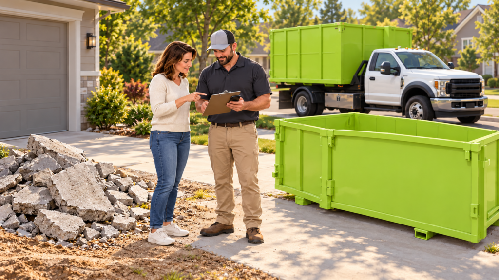 Illustration of two people reviewing concrete collection beside an unbranded green dumpster.