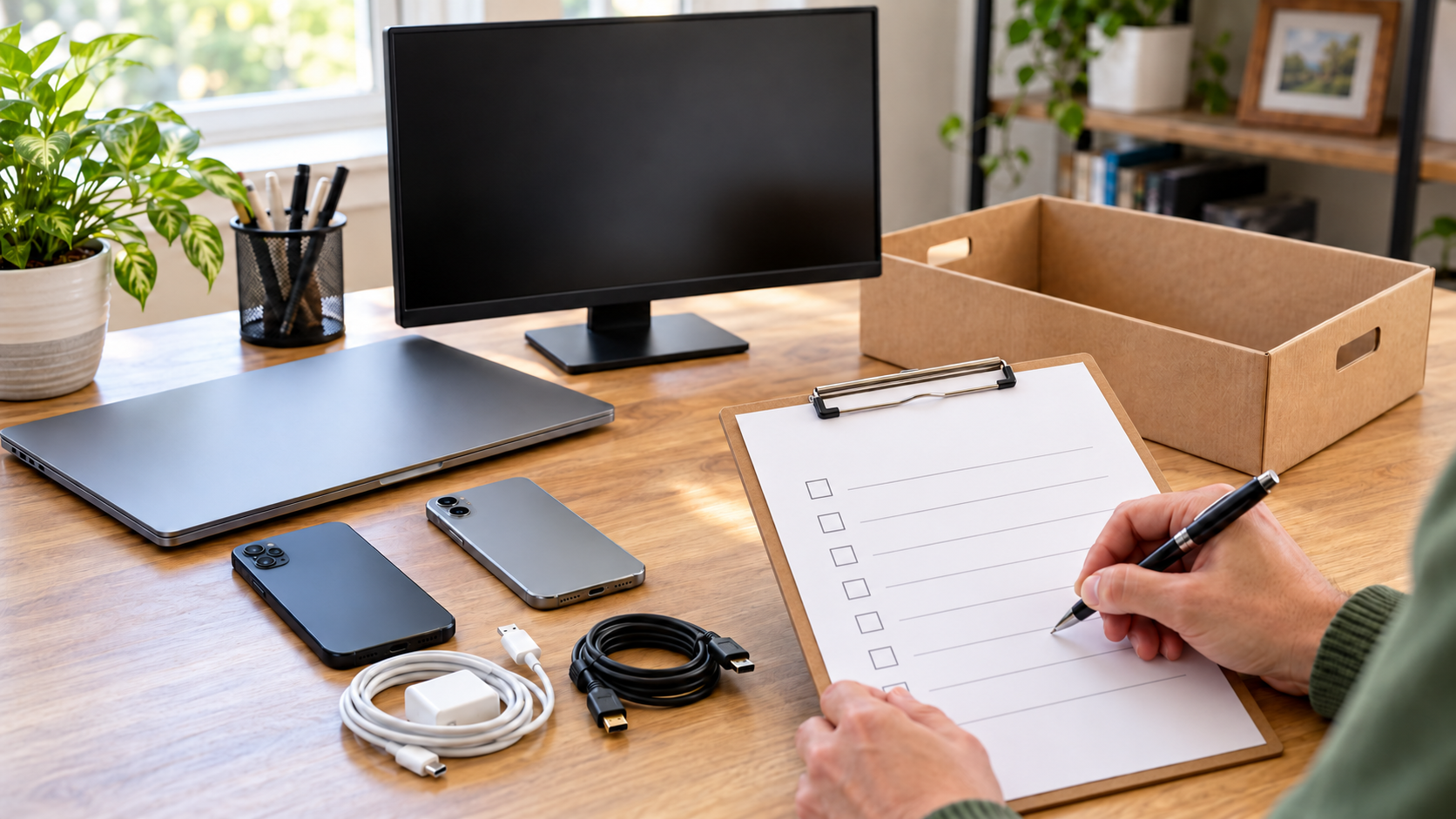 Illustration of a monitor, laptop, phones and cables beside an empty tray and an unlabeled checklist.