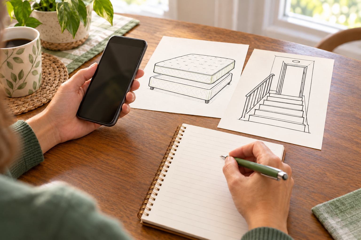Illustration of a phone and notebook beside drawings of a mattress, box spring and access stairs.