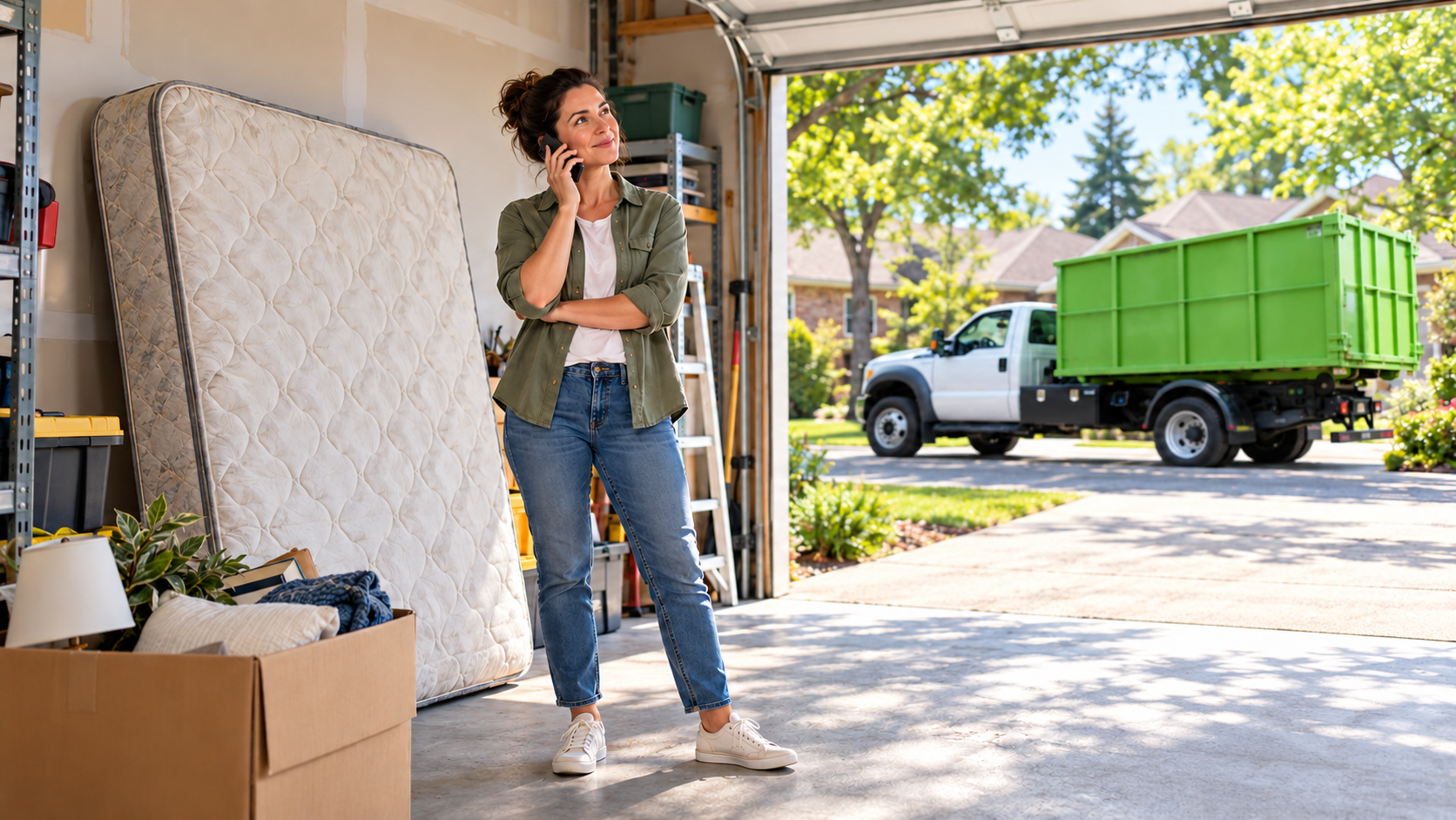 Illustration of a woman checking mattress collection by phone beside a mattress in a garage.