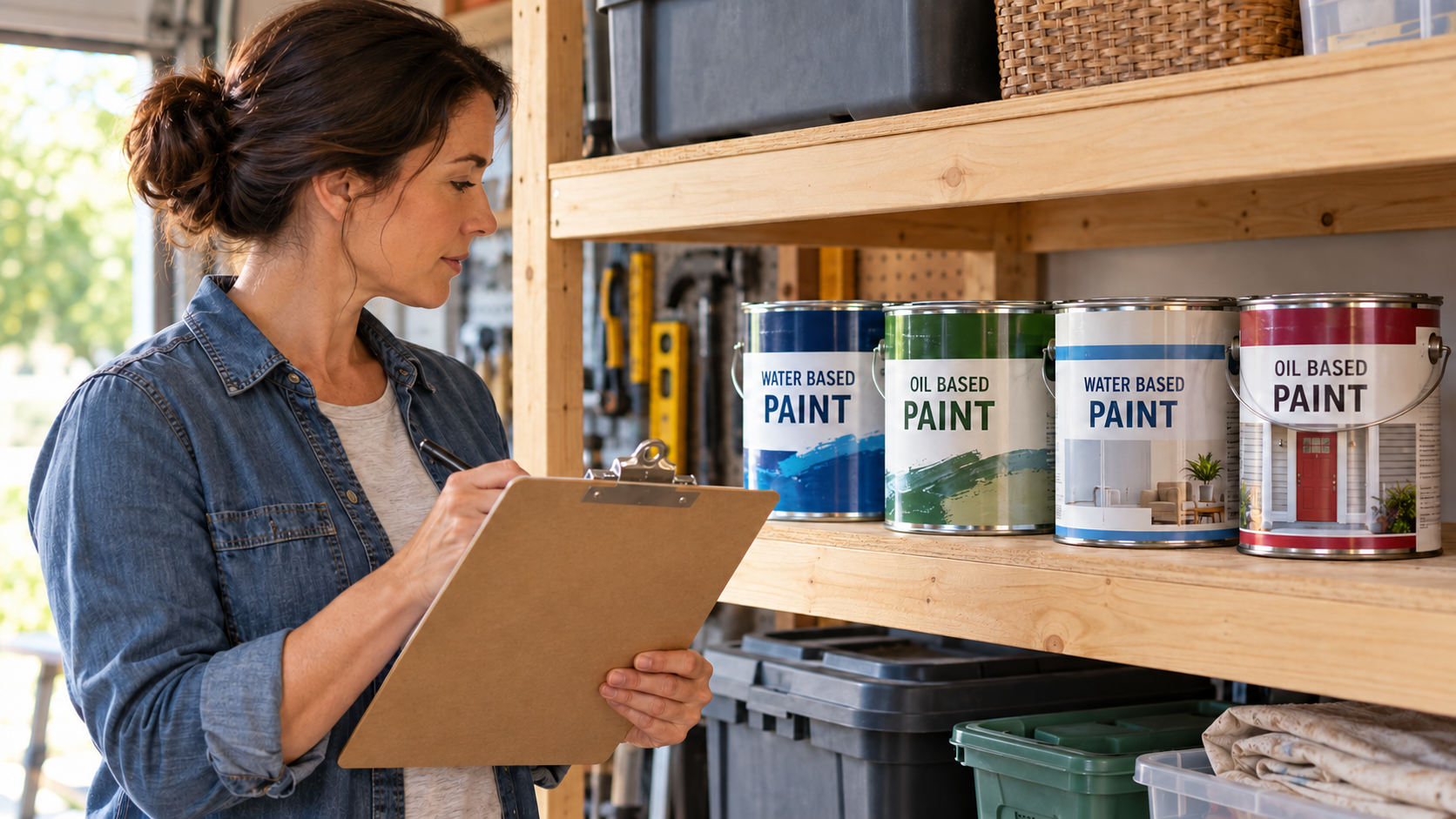 Illustration of a woman taking notes beside closed cans labeled water based paint and oil based paint.