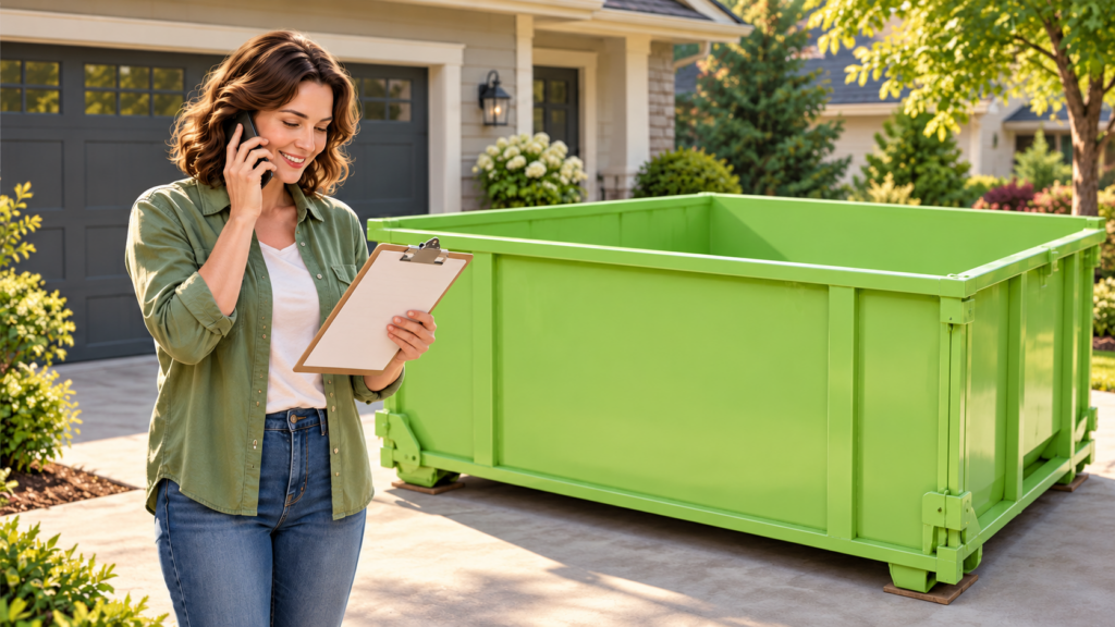 Illustration of a woman on the phone holding a blank clipboard beside an empty unbranded green dumpster.